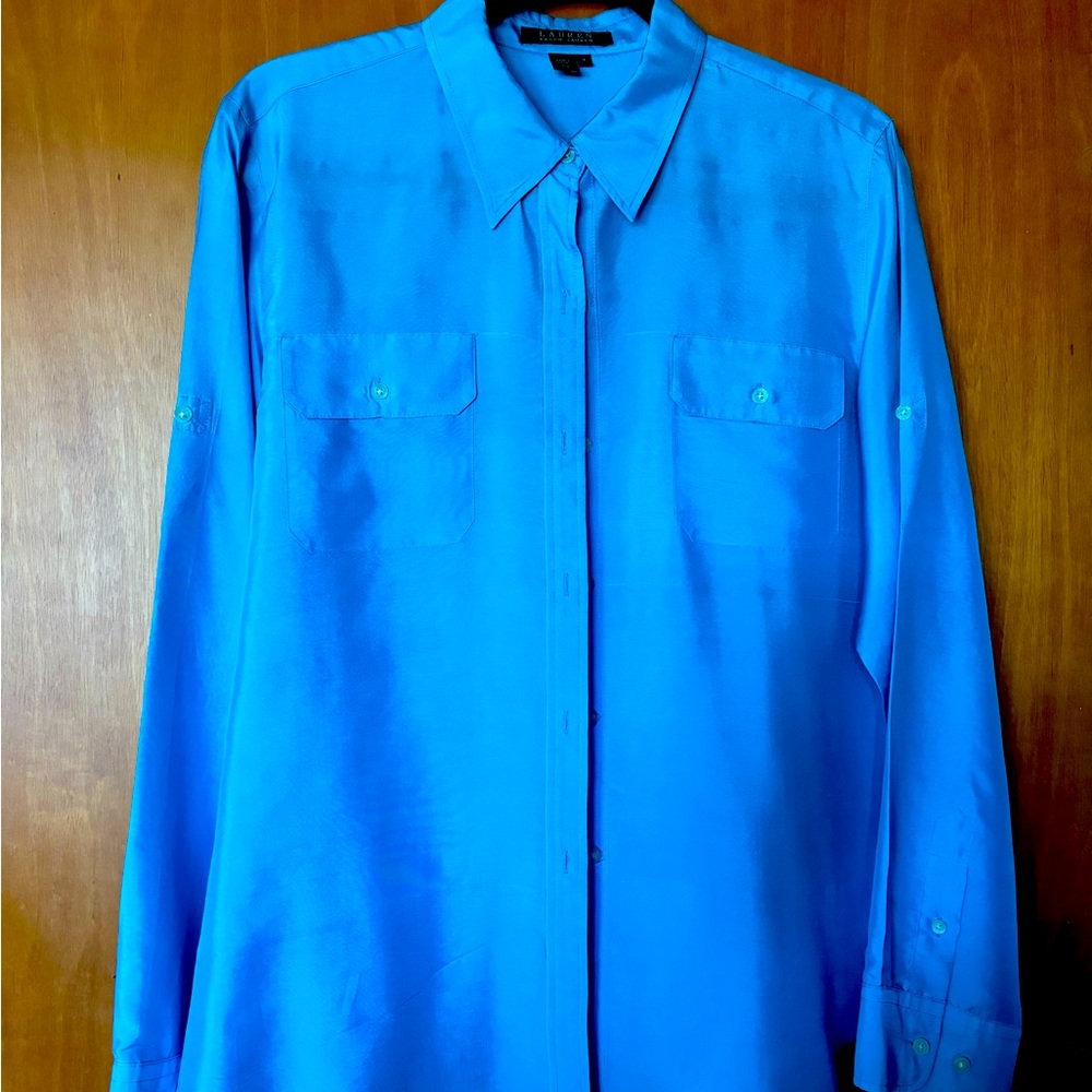 LAUREN by Ralph Lauren turquoise silk button up blouse